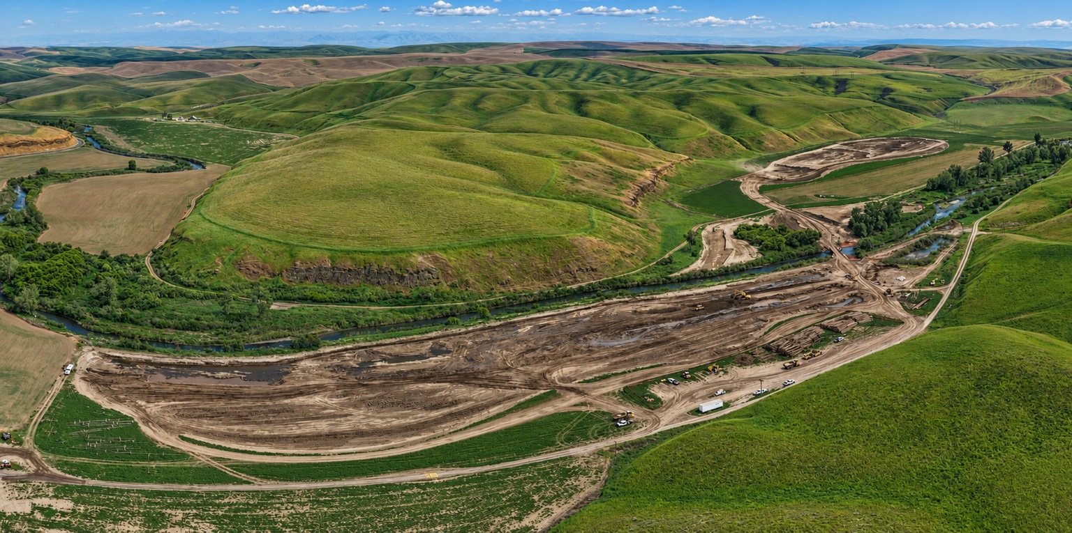 Aerial job-site progress documentation with dirt work and equipment