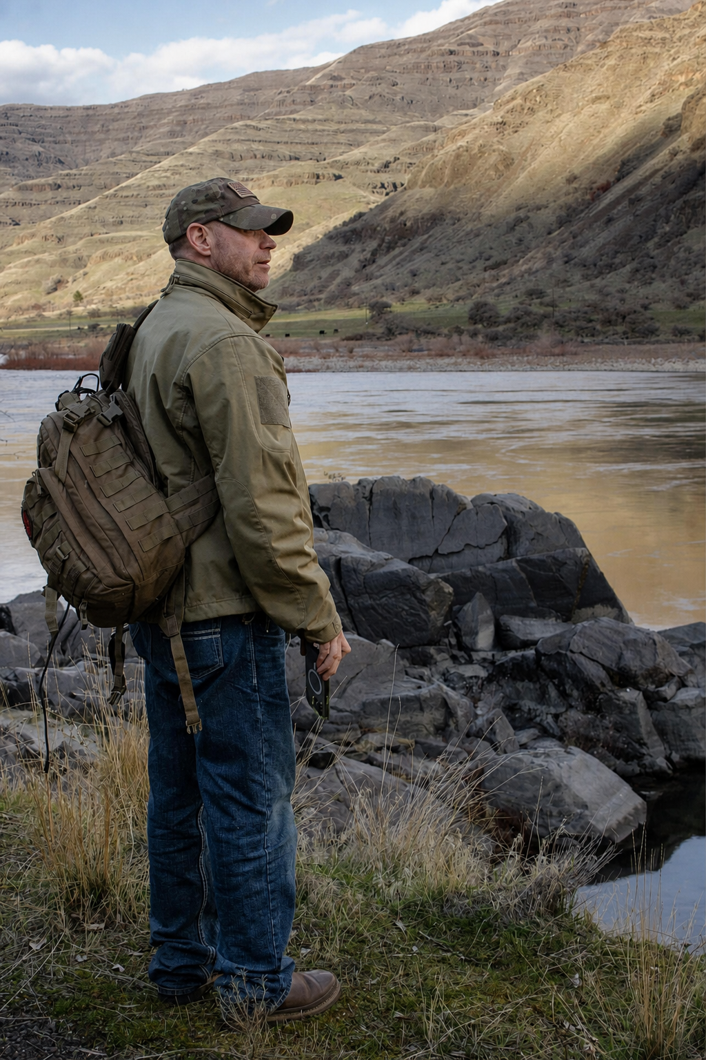 Kristopher Patton standing beside a river in the rolling hills of southeastern Washington
